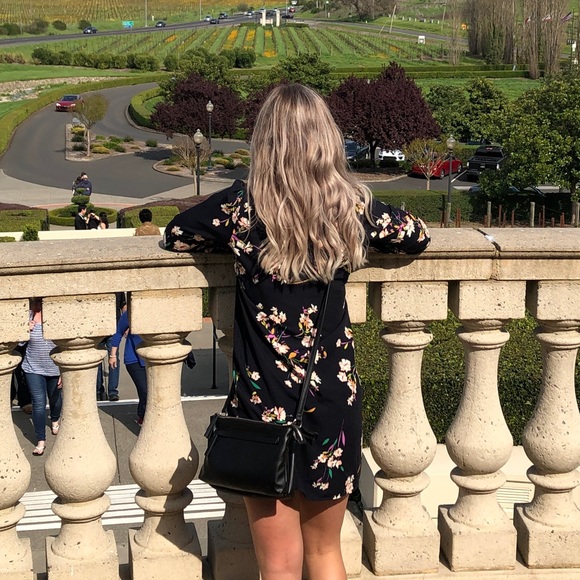 Lulus long sleeve mini dress, navy blue with floral pattern - Picture 4 of 4